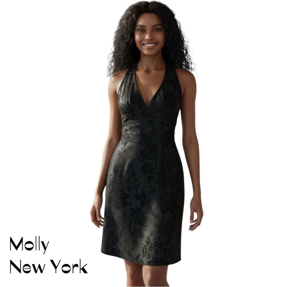 Molly New York Metallic Black Floral Halter Dress Size 2